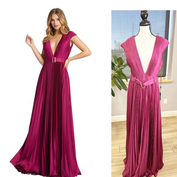 PLEATED PLUNGE NECK BELTED SATIN GOWN Size 8 Raspberry - Picture 1 of 7